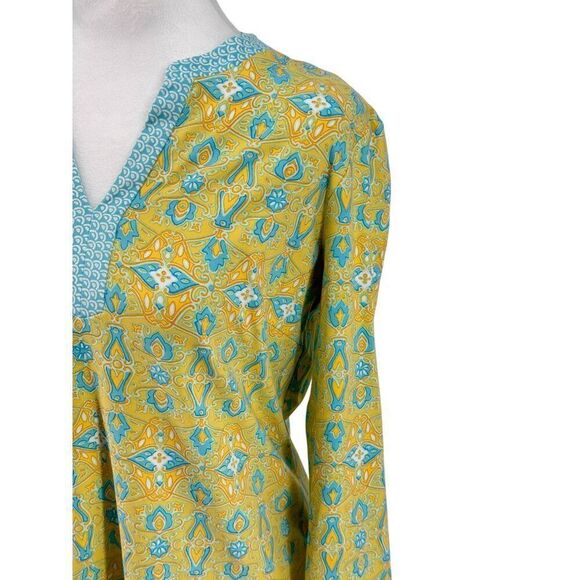 J. McLaughlin Catalina Cloth Split Neck Stretch Tunic Top Yellow Blue Print Sz M - Picture 2 of 7